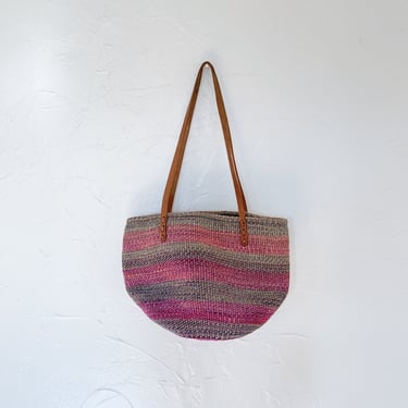 70s Large Rainbow Striped Woven Straw Sisal Market Bucket Bag with Tan Leather Straps 