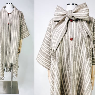 1970s Striped Grey & White Wool Button Front Poncho/Cape w Attached Scarf | Vintage, Warm, Fringe, Hippie, Gypsy, Mexican Blanket, Western 