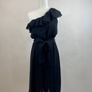 1970s Ferrali by Phillipe Black One Shoulder Ruffle Dress 