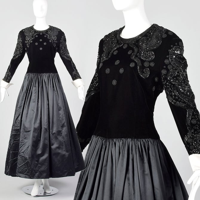 Large Escada Couture 1980s Velvet and Silk Gown Vintage Black Beaded Drop Waist Dress Vtg 80s Designer Gown 