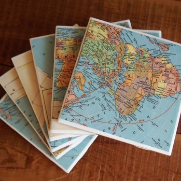 1957 World Map Coaster Set of 6. Décor Travel Gift. World Traveler Gift. International Travel. Vintage Map. Office Gift. Polar Projection. 
