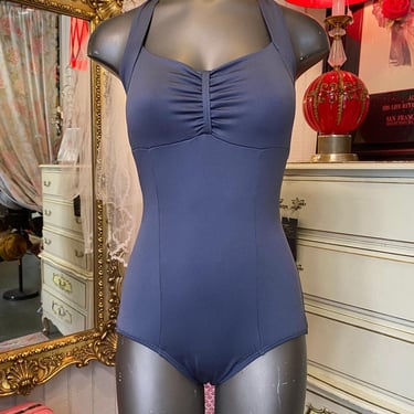 vintage 1970s gray bodysuit halter neck swimsuit dance wear 70s leotard s/m 34 