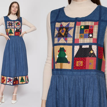 Large 90s Holiday Patchwork Chambray Pinafore Dress | Vintage Christmas Tree Novelty Button Sleeveless Overall Maxi Dress 
