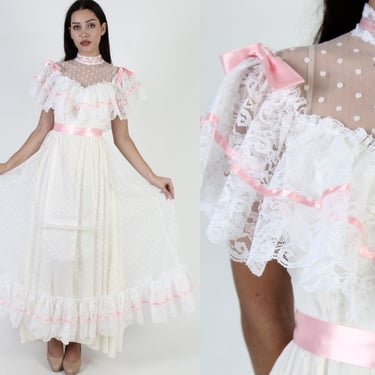 Vintage Pink Swiss Dot Dress / 1970s Bridal Polka Prom Gown / Fairytale Princess White Lace Maxi / Colonial Era Plantation Dress 
