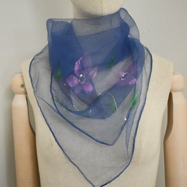 1950s/60s Blue Chiffon Scarf with Painted Flowers 