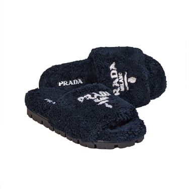 Prada - Black Fuzzy Logo Front Slide Sandals Sz 9