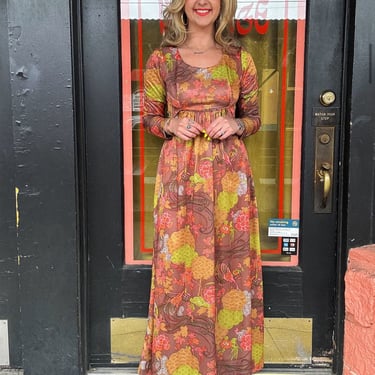 Vintage 70s pheasant maxi dress