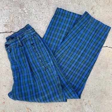 Vintage 90s Blue & Green Plaid Cotton High Rise Cropped Causal Pants - XS 