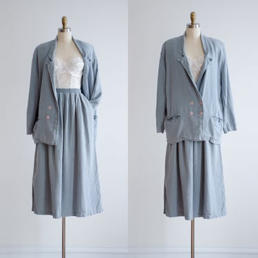 linen midi skirt set 80s 90s vintage NO SAINT blue gray oversized blazer and skirt 