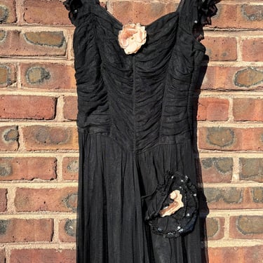 Vintage 1930s Black Mesh Evening Gown Flower Pin Embellished Pointed Waist Floor Length Dress XXS XS by TimeBa