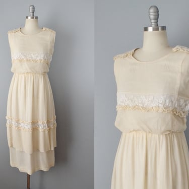 Edwardian Cream Silk Dress / Antique Dress / Silk Georgette and Lace Dress / Teens Dress / Size Small 