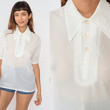 Sheer White Polo Shirt 70s Button Up Shirt Short Sleeve Shirt Retro Plain Dagger Collar Preppy Basic Vintage 1970s Medium 