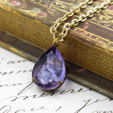 Purple Jewel Necklace, Purple Rhinestone Necklace, Vintage Style Teardrop Pendant, Jewel Toned Jewelry 