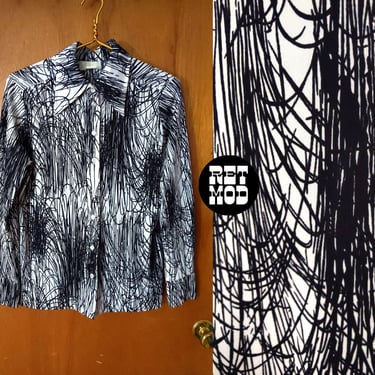 Fantastic Vintage 60s 70s Black & White Abstract Scribbles Collared Long Sleeve Shirt 