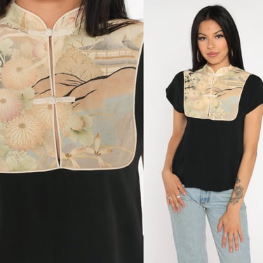 Black Floral Blouse 90s Asian Inspired Shirt Mandarin Collar Bib Short Sleeve Top Boho 1990s Vintage Frog Closure Top Bohemian Loose Small S 