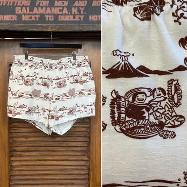 Vintage 1950’s -Deadstock- Atomic Cartoon Tiki Border Nub Rayon Hawaiian Swim Trunks, Liberty House, Never Worn, 1950’s Shirt 