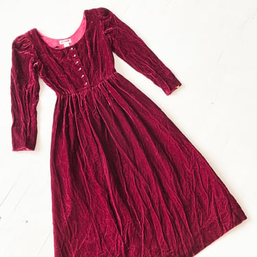 1980s Red Velvet Dress with Rhinestone Buttons 