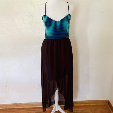 2000s/Y2k Turquoise and Black Striped Dress with Black Sheer Layered Chiffon Bottom | Small/Medium 