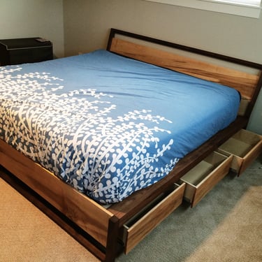 Modern Maple & Walnut Platform Bed with Storage, Bed with drawers, Underbed storage, King bed, Queen bed, 