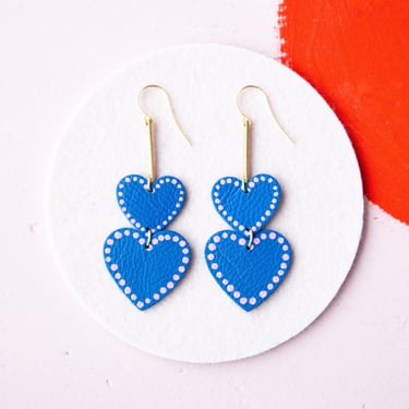 Tiered Spangled Blue + Pink Heart Earrings - Sustainable Minimalist Leather Valentine Earrings 