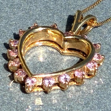 Vintage 14k Solid Yellow Gold Heart with Pink Gemstones Pendant Necklace 