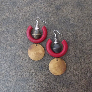 Red wooden earrings, Afrocentric African earrings, bold earrings, statement earrings, geometric earrings, rustic natural earrings, artisan 2 