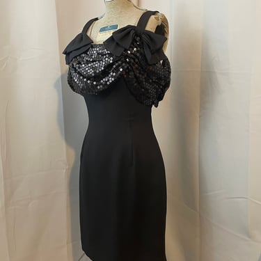 Black Sequin Mini Dress 1970s Vintage Disco Party Glam XS S 