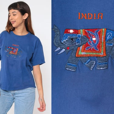 India Elephant Shirt Y2K Blue Embroidered T-Shirt Tourist TShirt Travel Souvenir Shirt Mirrored Graphic Tee Vintage 00s Medium Large 