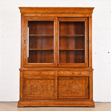 Ethan Allen French Louis Philippe Cherry and Burl Wood Lighted Breakfront Bookcase Cabinet