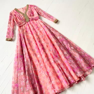 1960s Embellished Pink Paisley Print Chiffon Maxi Gown 