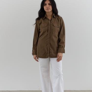 Vintage Mushroom Brown Long Sleeve Shirt | Unisex Simple Cotton Overdye Work Blouse | S | 