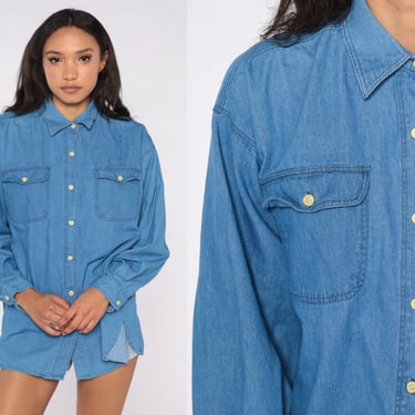Chambray Button Up Shirt Denim Blouse 90s Blue Jean Long Sleeve Hipster Oxford 1990s Cotton Button Down Lightweight Vintage Extra Large XL 