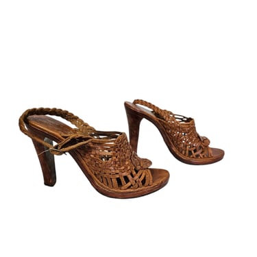 Chandlers 1970's Brown Leather Woven Wood Heel Stacked Sandal Pumps Shoes I Sz 8 I Made in Brazil 