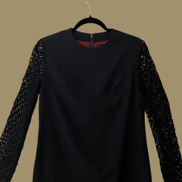 Vintage Nisso Black Noir Shift Dress with Crochet Arms 