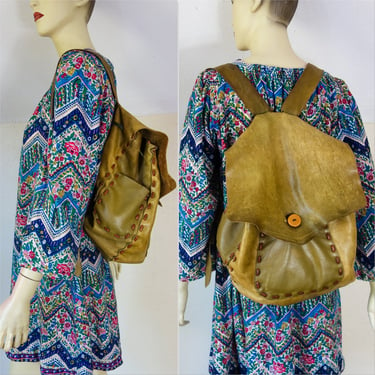 Vintage handmade leather hippie backpack, festival bag camping daypack, large hand stitched tan leather bag with pockets & adjustable straps 