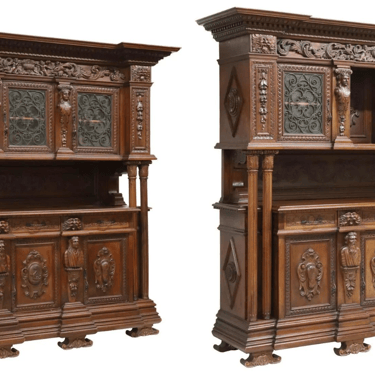 Sideboard, Monumental Pair, Fine Carved, Renaissance Revival, Walnut, E. 1900s