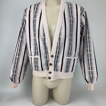 1950'S Cardigan Jacket - Ombre' Shadow Plaid - All Cotton - Vintage Metal Buttons - Men's Size Large 