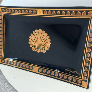 Vintage MCM Neoclassical glass bent tray rectangular black with 22k gold seashell theme signed Georges Briard 