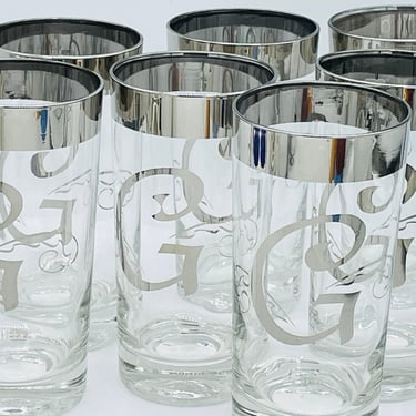 7 Piece Dorothy Thorpe Style Mercury Platinum  Highball Glasses- Monogrammed Letter G- Textured 