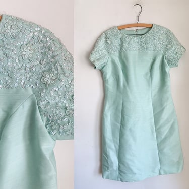 Vintage 1960s Mint Beaded Cocktail Dress / L 