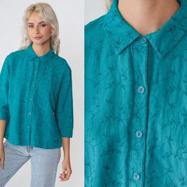 Embroidered Blouse 90s Teal Button up Shirt Leaf Vine Print 3/4 Sleeve Collared Shirt Boho Hippie Blue Green Vintage 00s Petite Large L 12 