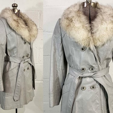 Vintage Grey Leather Belted Jacket Fur Collar Mod Boho Gray Mid-Length Trench Coat Button Front Penny Lane 1970s 1960s Medium 