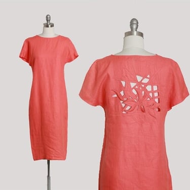 Coral linen dress | Vintage 90s Italian linen cutout floral dress 