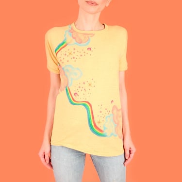 Airbrushed Vintage 70's T-Shirt // Rainbows Clouds Stars // Handmade Art by Hellhound Vintage  on Deadstock 1970's Tee Made in LA 