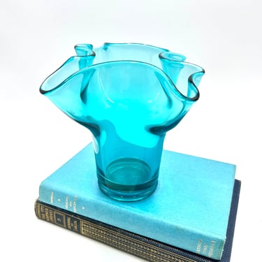 Vintage L E Smith Peacock Blue Glass Handkerchief Style Vase, Turquoise MCM Swung Style Vase 