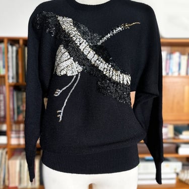 Vintage from GERMANY Black Sweater Beaded CRANE BIRD Sequins 1980s, 1970s Long Dolman Sleeves, Disco Top Shirt Hippie Glam Evening 