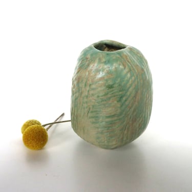 Vintage Modern Studio Pottery Asymmetric Vase, Hand Crafted Stoneware Textural Weed Pot With Light Green Glaze 