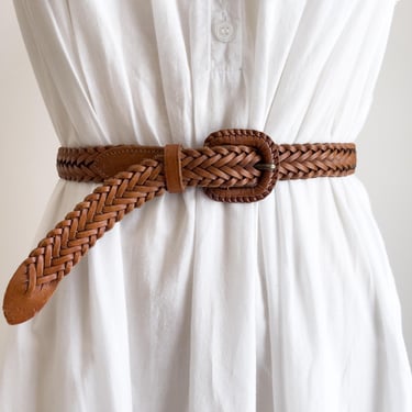 brown braided leather belt 90s vintage Land's End woven leather belt 