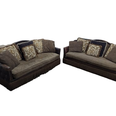 Brown Tufted Leather & Cloth 2-Piece Couch Set