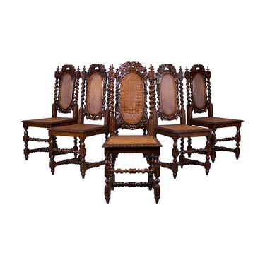 Antique French Renaissance Henry II Style Oak Cane Dining Chairs - Set of 6 